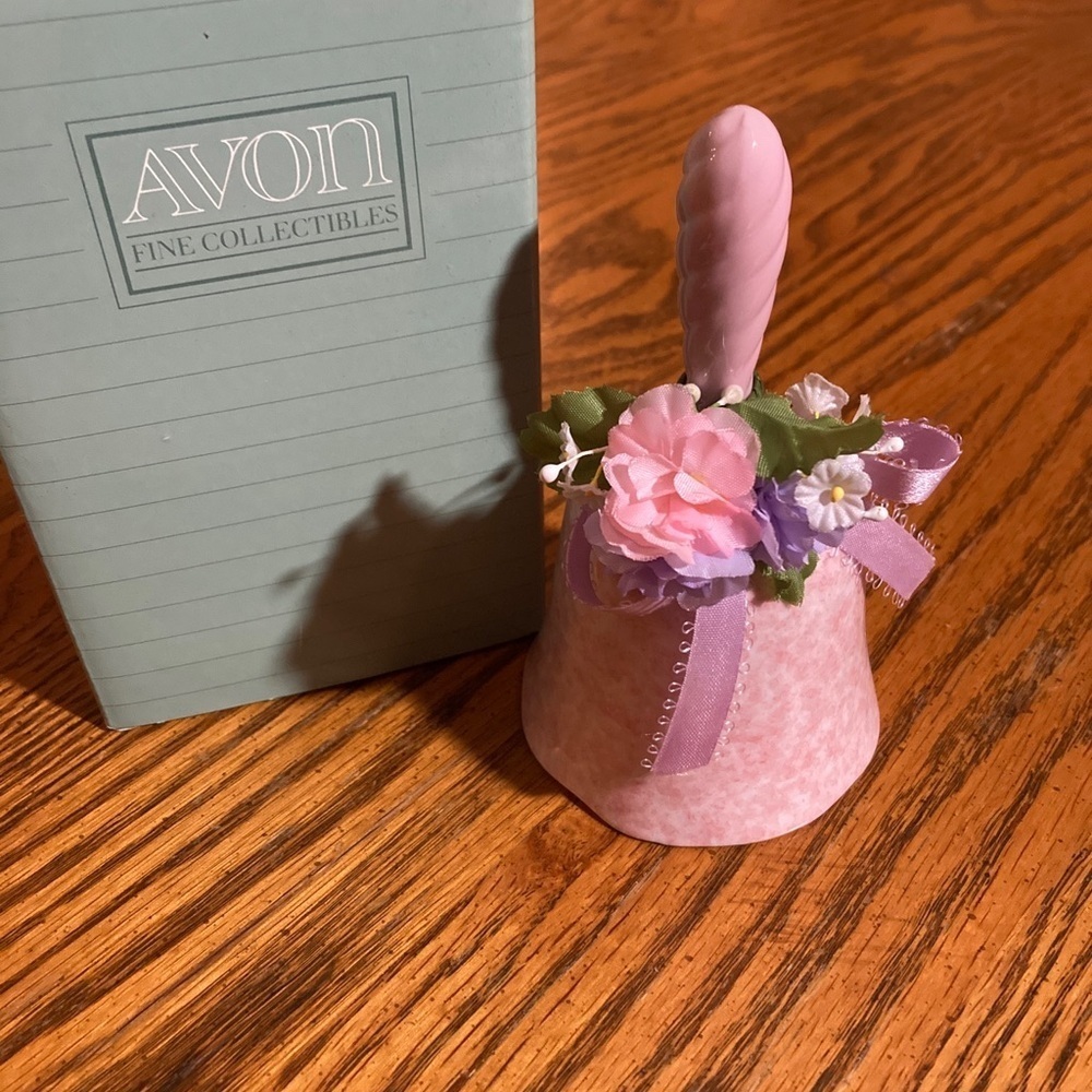 Vintage 1991 Avon Porcelain Bell Pink Speckled with Ribbon and Silk Flowers